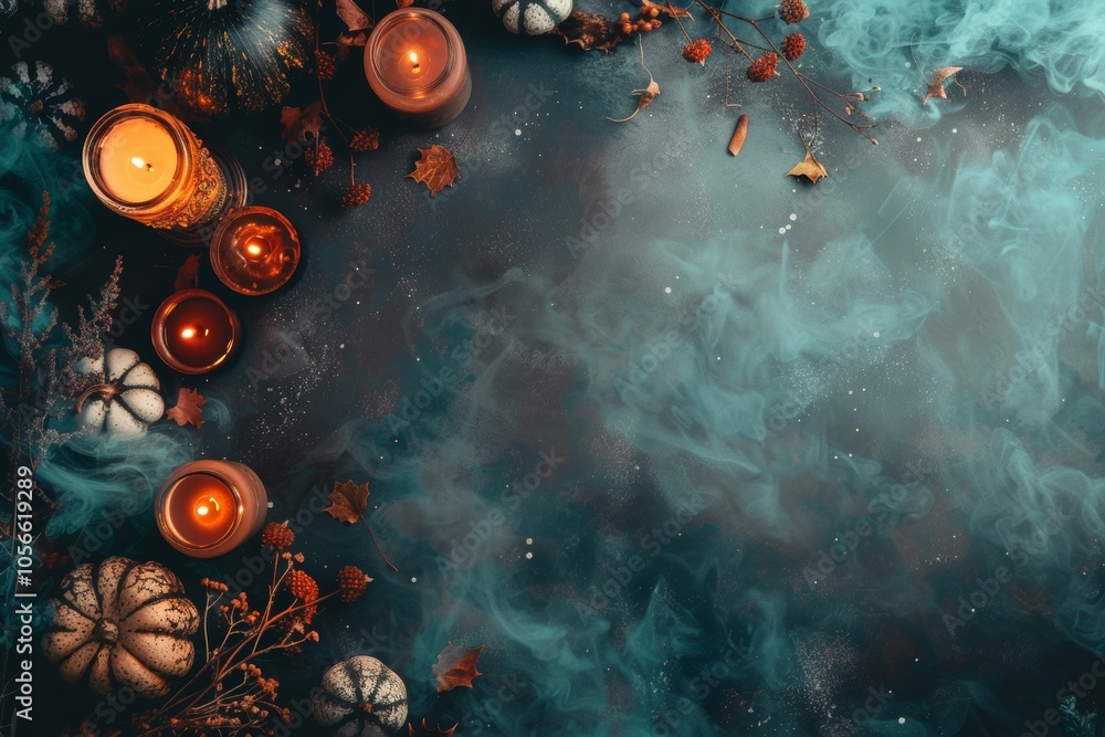 Poster halloween objects arranged in top-down view with candle lanterns and fog
