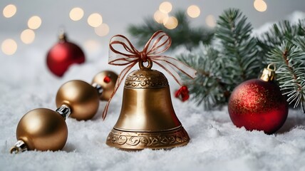Shiny golden bells with red ribbon, a festive Christmas decoration