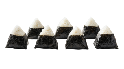 A group of tasty onigiri, each featuring a triangle of white rice partially wrapped in dark nori seaweed, beautifully arranged to highlight their traditional Japanese presentation.