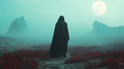 A lone figure in a black cloak walks through a misty, otherworldly landscape, illuminated by a bright full moon.