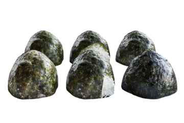 An appetizing depiction of multiple onigiri, each showcasing a fluffy white rice base with a partial wrap of dark green nori seaweed, beautifully isolated on a white background.