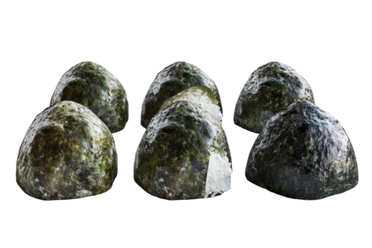 An appetizing depiction of multiple onigiri, each showcasing a fluffy white rice base with a partial wrap of dark green nori seaweed, beautifully isolated on a white background.
