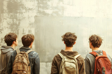 Naklejka premium Young entrepreneurs observing blank canvas, contemplating ideas and strategies for their next project. Their backpacks suggest journey of creativity and collaboration