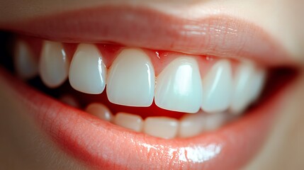 Close-up of a smiling mouth revealing pearly white teeth, with soft pink lips.