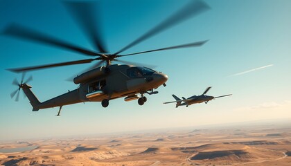 Cinematic Image Depicting a Heavily Armed War Helicopter and Drone in Action: A Powerful Representation of Military Air Power