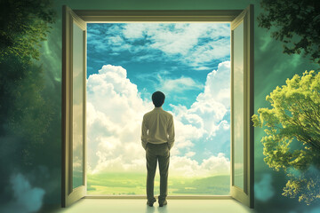 Fototapeta premium thoughtful entrepreneur gazing out of open door into serene landscape, reflecting on opportunities and possibilities