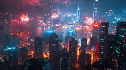 Fototapeta premium New Year Atmosphere , New Year decoration City skyline with colorful fireworks, night view.