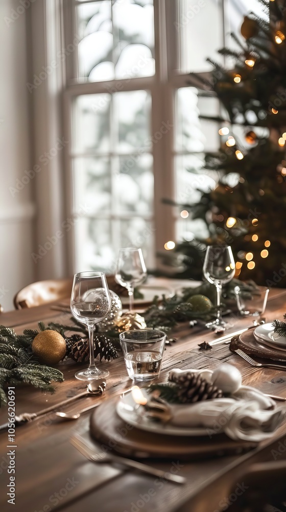Poster a table with a christmas tree in the background and a festive atmosphere. the table is set with a va
