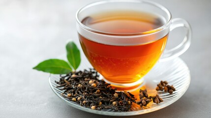 Fototapeta premium A clear glass of brewed tea sits on a plate with loose tea leaves and a fresh green tea leaf beside it, showcasing a warm, inviting drink.