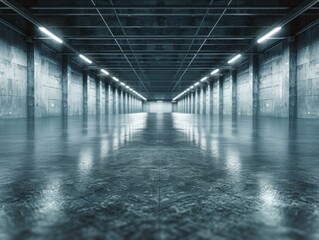 A long, empty hallway with concrete walls and a reflective floor. AI.