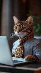 A cat dressed in a shirt and tie works on a laptop. AI.