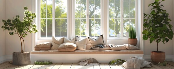 Boho living room, window seat with pillows, potted plant, large white windows, sunny day, tree view.