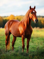 Fototapeta premium A chestnut horse stands in a field. AI.