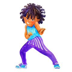Afro American preteen boy dancing merrily, celebrating birthday or other holiday. Party concept. Isolated watercolor hand drawn child character for design of cards, posters, t-shirt printing