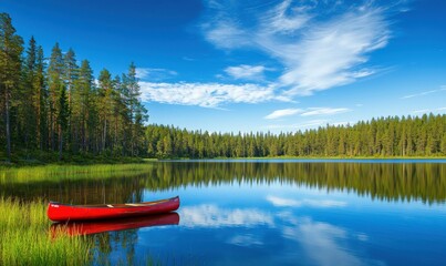A red canoe sits on a calm lake surrounded by trees. AI.