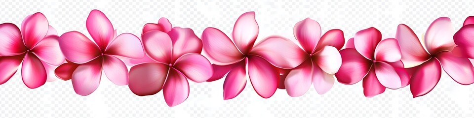 A row of pink plumeria flowers with white centers on a transparent background.