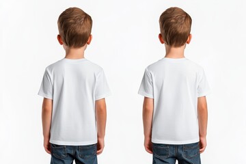 Two children in plain white shirts, standing back to back, white isolate background.