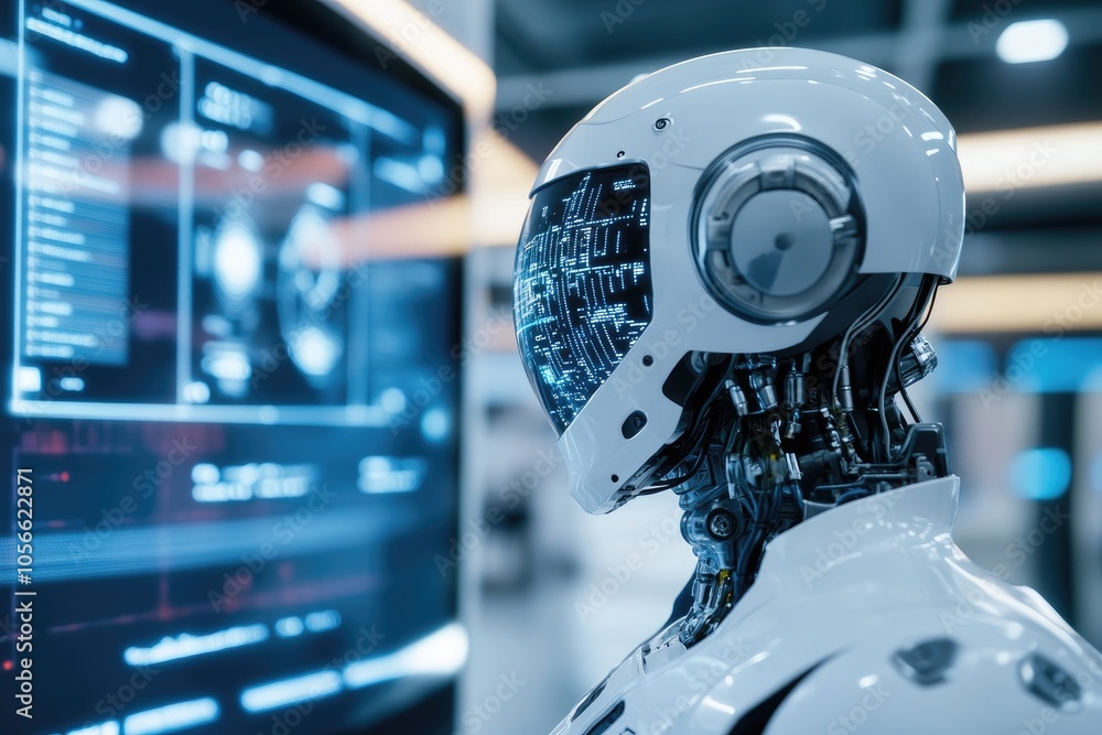 Poster futuristic robot interacting with digital interface