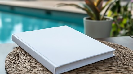 A blank white book sits with swimming pool