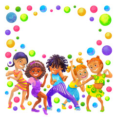 Frame with happy school age children dancing in holiday party. Festive border with space for text. Watercolor isolated illustration for kids dancing party designs, cards, invitations, posters, prints