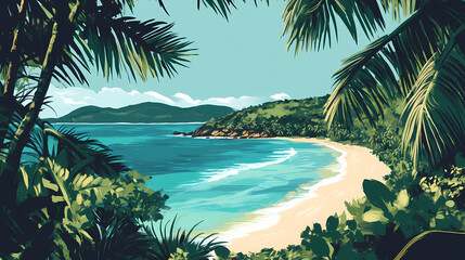 Fototapeta premium Tropical island landscape featuring swaying palm trees, crystal-clear turquoise waters, and powdery white sand beach. Tropical Island Shoreline. Illustration