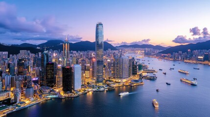 Obraz premium Hong Kong Skyline at Dusk with City Lights and Harbour