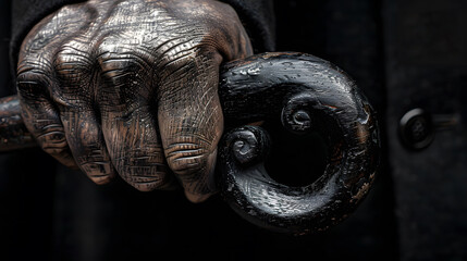 Hand holding a vintage walking cane.