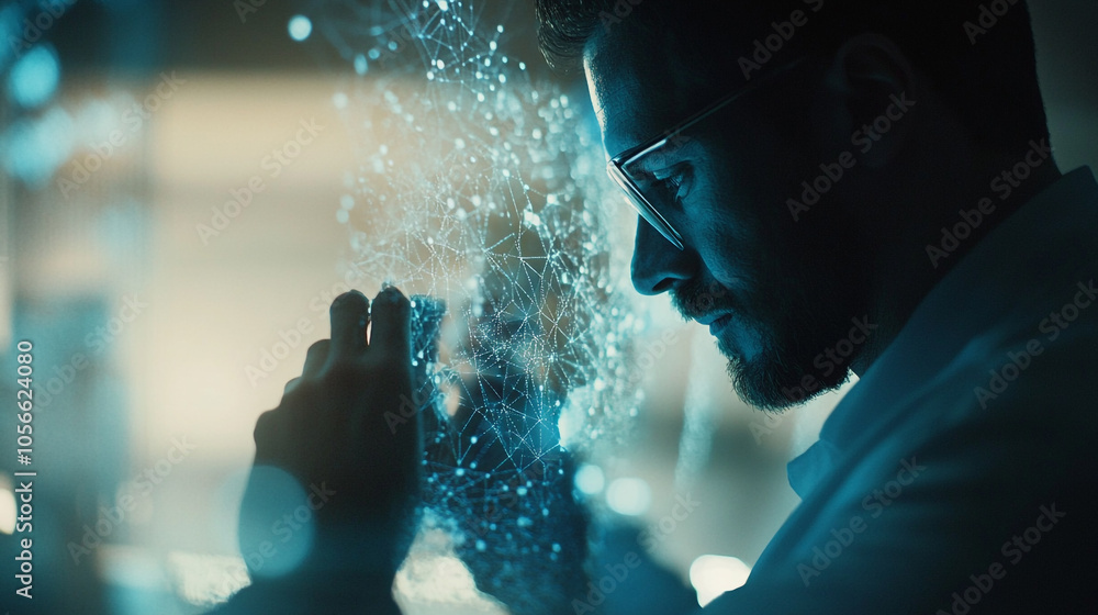 Poster a scientist analyzes data visualization in a sophisticated lab environment at night