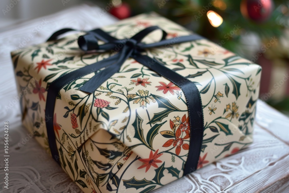 Poster a box with a floral design sits on a table. the box is wrapped in black ribbon and has a bow on top.