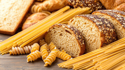 An assortment of breads and pasta, showcasing various textures and colors on a rustic surface.