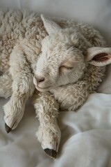 A close-up photograph of a serene lamb sleeping on a soft white blanket, showcasing its fluffy wool and peaceful expression.