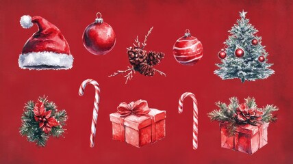 Watercolor Christmas set,Christmas decoration element,Surprise winter holiday realistic objects,Decoration elements for greeting cards banners,Merry Christmas and happy new year greeting concept.