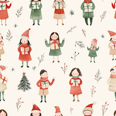 Seamless pattern Joyful watercolor christmas carolers in simple outfits celebrating the holiday spirit with gifts and cheer