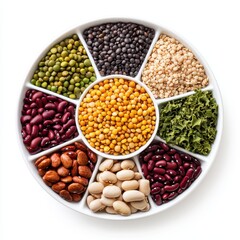 Fototapeta premium Colorful assortment of various legumes and seeds in a circular dish on white background. flexitarian food concept