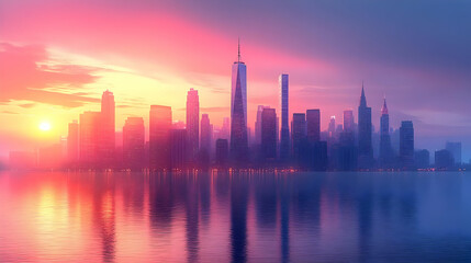 Fototapeta premium Silhouette of Skyscrapers at Sunrise - Illustration