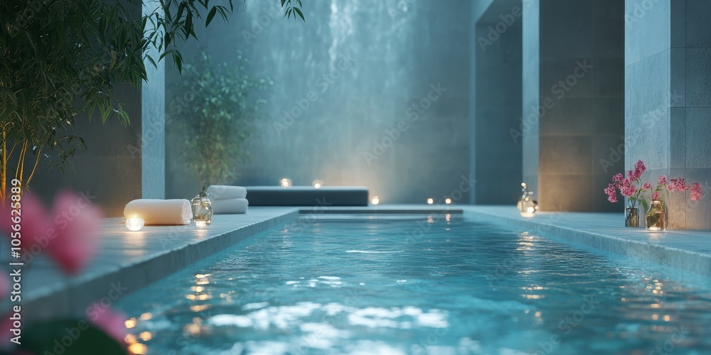 Aufkleber a long pool with a walkway and a few candles lit on the side. the candles are lit in the water, crea