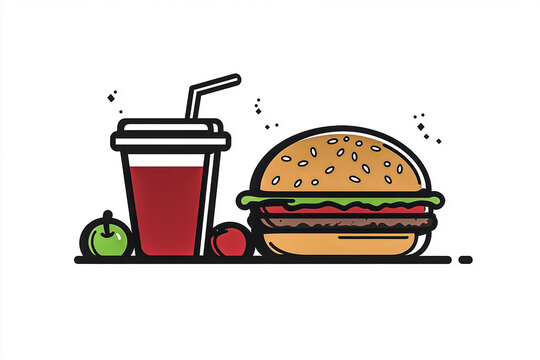 burger, drink, apple, tomato, food, flat design