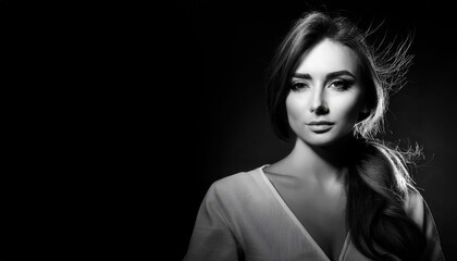 A black and white portrait of a woman with a dark background, highlighting shadow play and soft lighting for a cinematic effect.