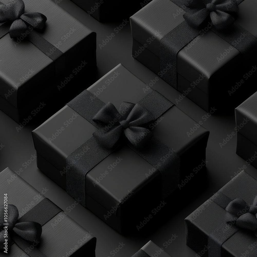 Poster a row of black boxes with bows on them. the boxes are all the same size and shape