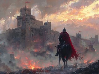 Knight on Horseback Riding Towards a Burning Castle