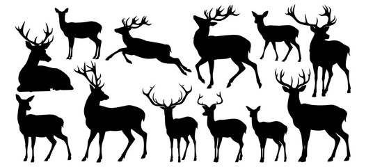 A collection of elegant deer silhouettes, showcasing various poses and antler sizes.