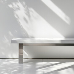 Obraz premium white bench, stainless steel legs, window light and shadow on the wall, product photography, close-up of white metal frame bench with leather top, clean white background, professional studio lighting