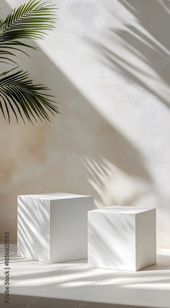 Poster minimalist composition with white cubes and palm leaves casting shadows on a textured background.