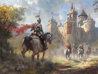 Medieval Knight Riding Towards a Majestic Castle