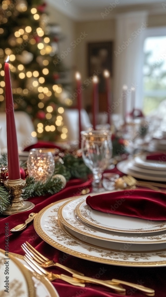 Poster A table with a red tablecloth and a Christmas tree in the background
