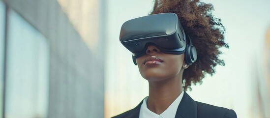 African American Woman Business Person With Virtual Goggles Headset Vr Device Digital Technology