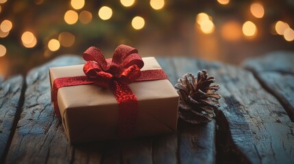 Cozy Christmas Gift with Pinecone and Bokeh Background