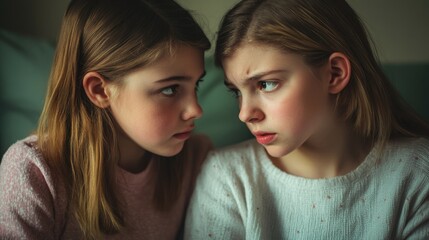 Two Caucasian sisters reconcile after a quarrel at home as the older one expresses support and apologizes highlighting family relationship conflicts among siblings