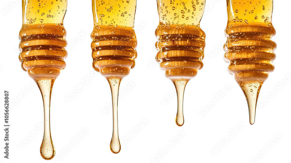 Poster honey dripping from squeezable containers on clear background generative ai