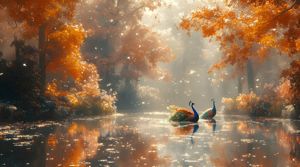 Obraz premium Autumn Forest Pond with Two Peacocks Illustration